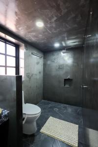 ein Badezimmer mit einem weißen WC und einer Dusche in der Unterkunft Madre tierra suites tlalpujahua centro in Tlalpujahua