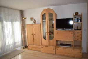 - un salon avec une télévision et une armoire en bois dans l'établissement Ladina 65 (319 St), à Lenzerheide