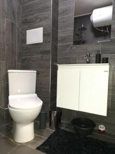 uma casa de banho com um WC branco e um lavatório. em City Apartments 1 em Pazardzhik