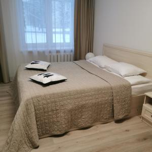 un letto con due cuscini sopra in una camera da letto di Adelės apartamentai a Druskininkai