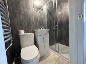 a bathroom with a toilet and a sink and a shower at Shrewsbury Townhouse with Open Plan Living in Shrewsbury