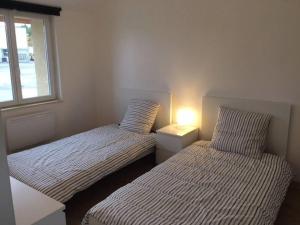 two beds in a room with a window and a lamp at Appartement confortable et spacieux in Roisey