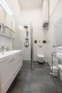 a bathroom with a shower and a sink and a toilet at Prime Time Vaci Budapest in Budapest