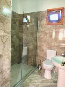 a bathroom with a shower and a toilet and a sink at Karpaz Lembusa Guest House in Rizokarpaso