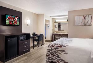 Habitación de hotel con cama, escritorio y TV. en Red Roof Inn Tupelo en Tupelo