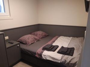 uma pequena cama com duas almofadas e toalhas em Vakantiehuisje em Lanaken