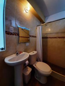 a bathroom with a white toilet and a sink at Hostal Don Cristobal in Ayacucho