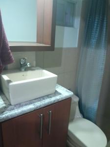 y baño con lavabo, aseo y ducha. en LA CASA DE SYLVANA, en Quito