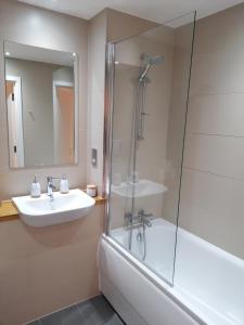 a bathroom with a tub and a sink and a shower at Entire Flat - Modern Flat near Canary Wharf in London