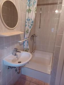 ein Bad mit einem Waschbecken und einer Dusche in der Unterkunft Guesthouse Murter 125 in Murter