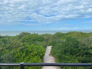 a dirt road through a forest with the ocean at Casa Nora in Sisal