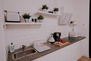 eine Küche mit Spüle und Theke mit Aounter in der Unterkunft Old Town WAWEL Premium Apartment - 60m2 in Krakau