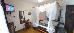 a bedroom with a bed with a mosquito net at Bali Suites Itamambuca in Ubatuba