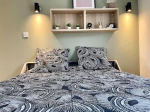 ein Schlafzimmer mit einem blauen und weißen Bett mit Kissen in der Unterkunft Le Flachet - Climatisation - Wifi in Villeurbanne