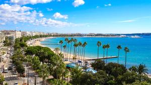 Blick auf einen Strand mit Palmen und das Meer in der Unterkunft Ideal congress and vacation LIVE IN VILLA PARADOR in Cannes