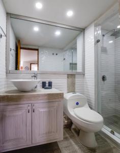 y baño con aseo, lavabo y ducha. en Edificio Bay Point Apto 207, en San Andrés