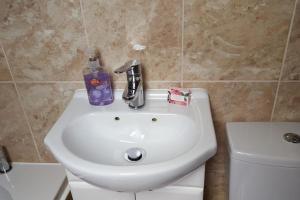 a bathroom sink with a bottle of soap on it at Lovely Cosy Apartment near Water Parks in South Cerney +6 photos