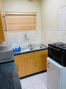 eine Küche mit einer Spüle und einer Mikrowelle in der Unterkunft Q’s in Empangeni