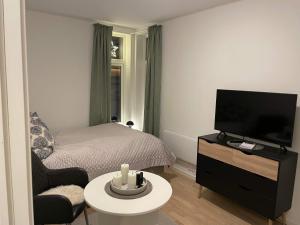 a small living room with a bed and a television at Studio Seaside in Tromsø