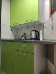 a kitchen with green cabinets and a sink at VINI studio with private parking in Skopje