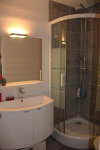 a bathroom with a sink and a shower with a mirror at Au pied des pistes Côte 2000 - Le Balcon de Villard de Lans in Villard-de-Lans