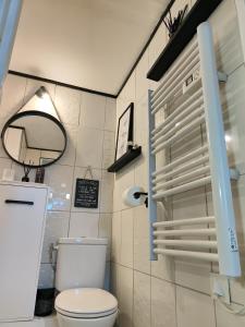 35m2 Hauts d'Albertville Terrasse avec Vue في Pallud: حمام به مرحاض أبيض ومرآة