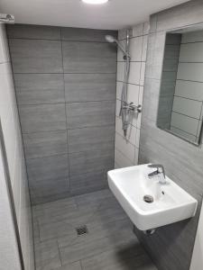CölbeにあるEco Apartment Cölbeの洗面台とシャワー付きのバスルーム