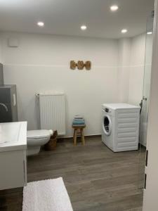 a bathroom with a toilet and a washing machine at Stadtquartier 1 EG in Bredstedt