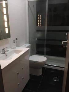 a bathroom with a toilet and a sink and a shower at Serrano T1 centro da cidade in Guarda