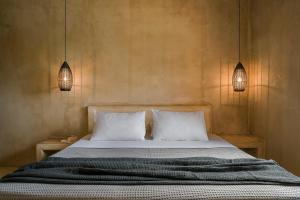 a bedroom with a bed with two pillows and two lights at Sotiris villas in Svoronata