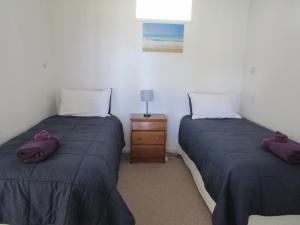 2 łóżka pojedyncze w pokoju z szafką nocną w obiekcie Anchorage Motel w mieście Whitianga