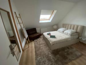 Maison détente équipée d un grand sauna في Gingsheim: غرفة نوم بها سرير ونافذة وكرسي