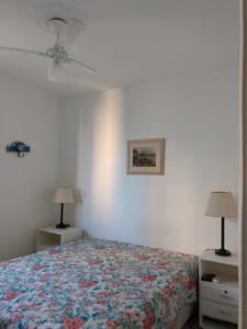 1 dormitorio con 1 cama y 2 mesitas de noche con lámparas en Condominio Edificio Thaiti, en Guarujá