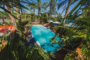 an overhead view of a swimming pool with palm trees at Cabañas Riberas del Paraná in Puerto Iguazú