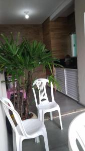 2 sillas blancas y una maceta en el balcón en Casa da Silvana -Piso superior, en Bombinhas