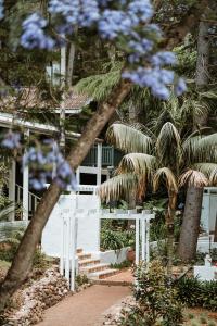 a white house with palm trees in front of it at The Lodge Jamberoo in Jamberoo