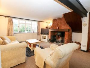 a living room with two couches and a fireplace at Phloxhaven in Norwich