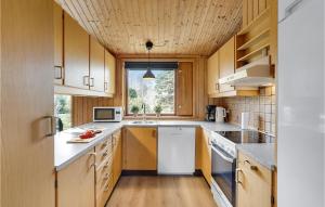 a kitchen with wooden cabinets and white appliances at Awesome Home In Væggerløse With Kitchen in Marielyst