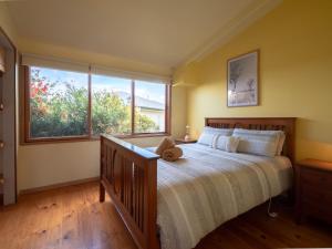 1 dormitorio con cama grande y ventana grande en Blue Wren Cottage Farm Stay, en Yanakie