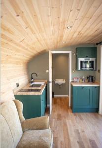 a kitchen with green cabinets and a wooden ceiling at Hares Retreat - Middle Cabin in Foolow