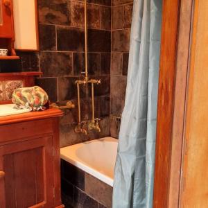 a bathroom with a tub and a shower curtain at Mulberry Cottage in Mount Tamborine