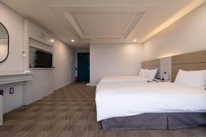 済州市にあるCocoon Hotelの大型ベッドとテレビが備わるホテルルームです。