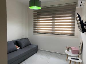 a living room with a couch and a window at Finix Loft Trikala in Tríkala