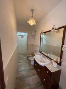 uma casa de banho com um lavatório, um WC e um espelho. em L'Acero di STALL em Viterbo