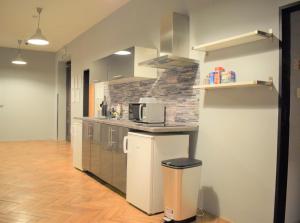 a kitchen with stainless steel appliances and a brick wall at GLOBE Hostel Prague ADULTS ONLY in Prague