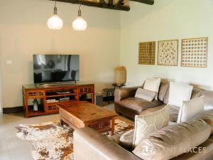 Pleasant Places By Sanaandi في Lidgetton: غرفة معيشة مع أريكة وتلفزيون