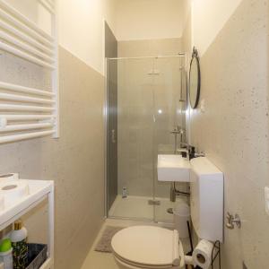 ein Bad mit einer Dusche, einem WC und einem Waschbecken in der Unterkunft STUDIO MG in Zagreb