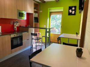 - une cuisine avec des murs verts, une table et des chaises dans l'établissement Das Hostel Rijeka, à Rijeka