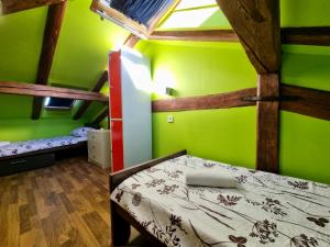 a bedroom with two bunk beds and green walls at Das Hostel Rijeka in Rijeka