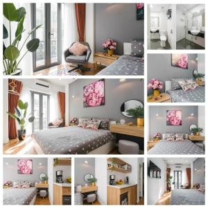 een collage van foto's van een kamer met een bed bij Homestay#Luustay#Old Quarter#NiceRoom#PhoCo#HoanKiem in Hanoi